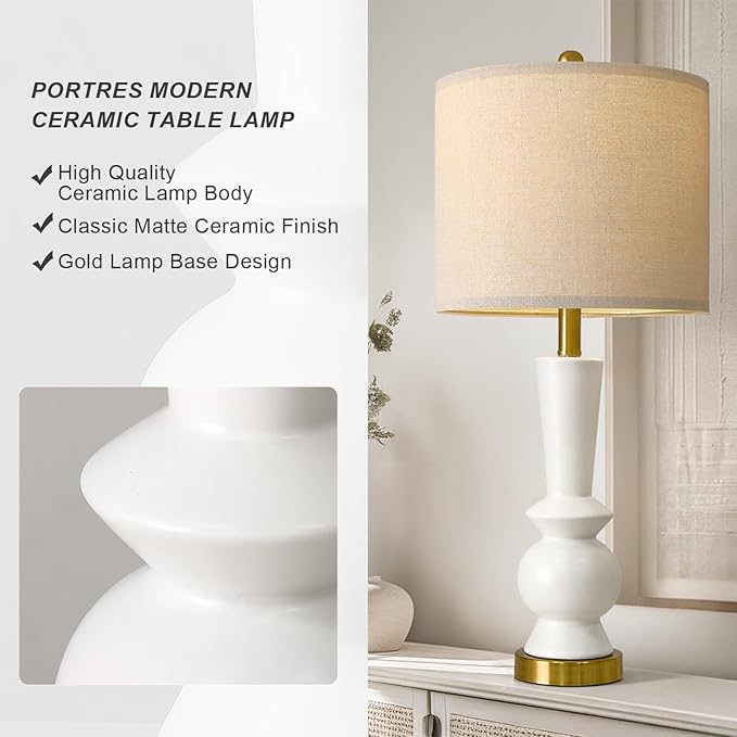 PORTRES 27" Modern Ceramic Table Lamp Set of 2 for Living Room White & Gold Bedside Lamps for Bedroom Nightstand Lamp Tall End Table Lamps - Bloomnest