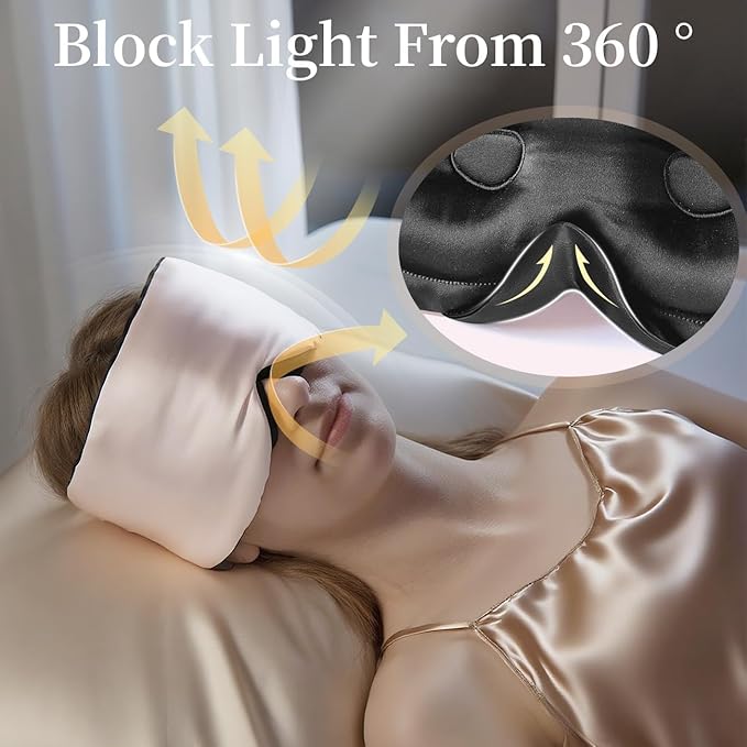 USlixury Silk Sleep Mask, 3D Contoured Sleeping Masks, Blackout Sleep Masks for Women with Nose Wing,100% Mulberry Silk, Face-Hugging Non-Slip SLEP Mask for Side Sleeper, 27.5x4.5'', Peach - Bloomnest