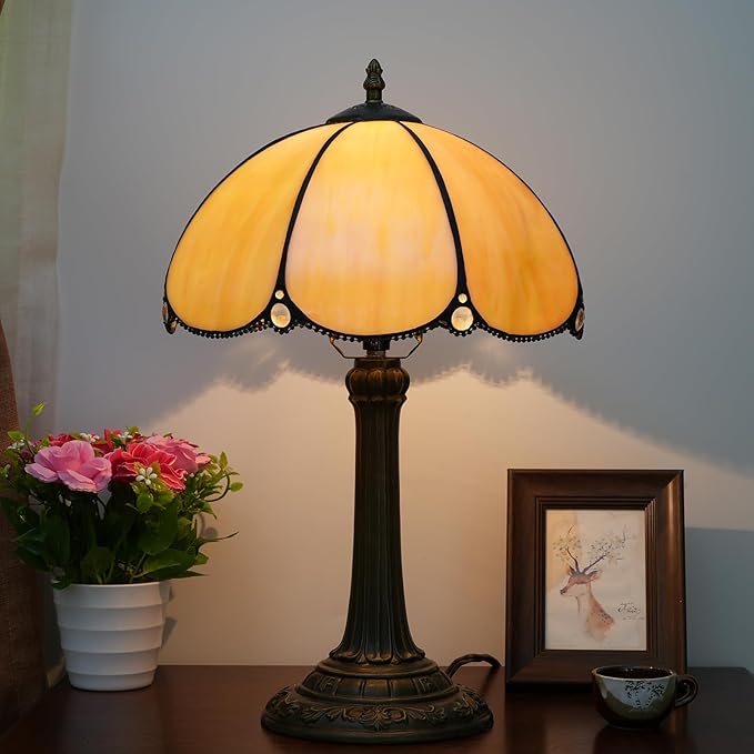 Tiffany Lamp Stained Glass lamp Bedside Table Lamps for Living Room Bedroom Dorm Kitchen Home Decor Festival Birthday Gift,12 inches Grilled Bend - Bloomnest