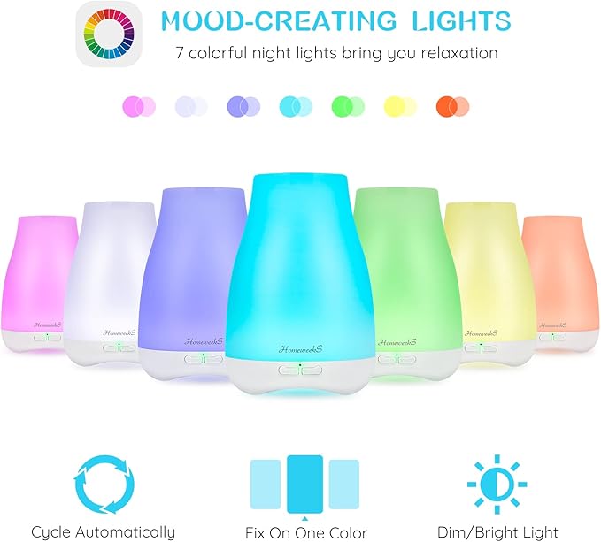 Homeweeks Diffusers, 100ml Colorful Essential Oil Diffuser with Adjustable Mist Mode, Auto Off Aroma for Bedroom/Office/Trip (100 ML 1 Pack) - Bloomnest