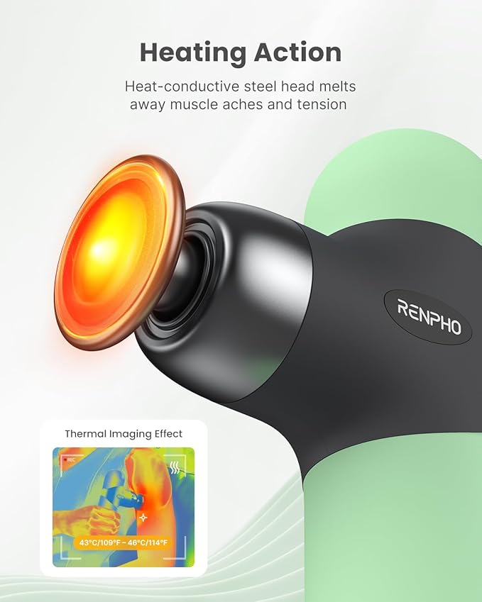 RENPHO Mini Thermal Massage Gun with Heat, Christmas Birthday Gifts for Women Men, Portable Deep Tissue Percussion Massager, Color Silicone Sleeves Travel Size with Carry Case, Spearmint - Bloomnest