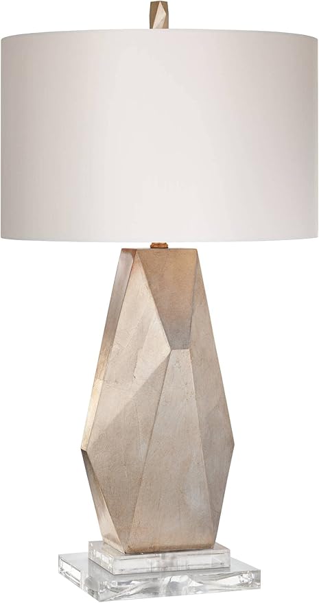Possini Euro Design Modern Table Lamp with Acrylic Riser 32 1/2" Tall Champagne Gold Off-White Fabric Hardback Drum Shade Decor for Bedroom Living Bedside Nightstand Home Office Kids Room - Bloomnest