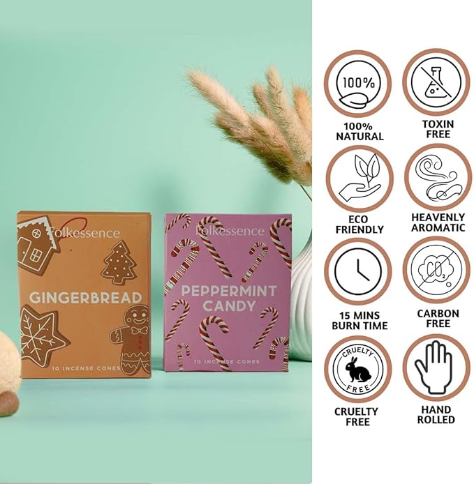 Folkulture Incense Cones for Waterfall | 20 Pc Incense Cone Scented | 2 Fragrance Cone-Insenses - Peppermint Candy & Gingerbread | Natural, Non Toxic | Christmas Inscents-Cones | Relaxing, Meditation