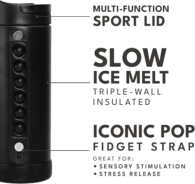 Elemental Iconic Kids Water Bottle for School - 100% Leak-Proof Insulated Water Bottles with Straw Lid & Pop-It Handle for Boys & Girls - Triple-Wall Insulated & BPA-Free, 14oz – Black - Bloomnest