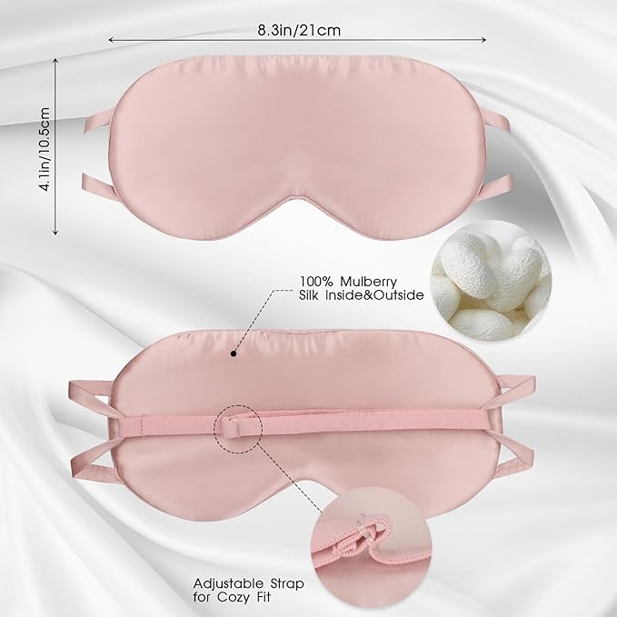 Silk Eye Mask for Sleeping with Adjustable Strap for Women/Men/Adults Blackout Pure Mulberry Silk Sleep Mask for Side Sleeper/Travel/Flight,Pink - Bloomnest