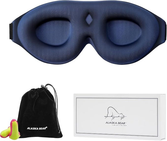 ALASKA BEAR 100% Blackout Sleep Mask Most Comfortable Contoured Eye Cups and Nose Covering for Women Men, 3D Pillowy Soft Light Blocking Eye Mask 0 Pressure on Eyelids & Eyelashes, Earplugs Set, Blue - Bloomnest