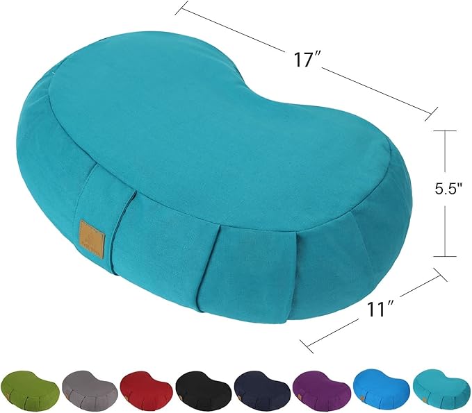 Crescent Zafu Meditation Pillow, D=17" W=11" H=5.5" Zabuton Yoga Bolster, Meditation Cushion, Floor Pouf Yoga Pillow Zippered Organic Cotton Cover Natural Buckwheat kneeling pillow - Large
