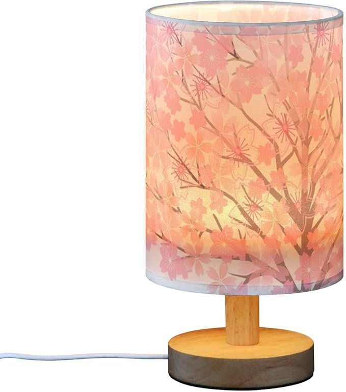 Table Lamp Pink Cherry Blossom Tree Spring Flower Nightstand Lamp with Wood Base Fabric Lamp Shade Bedside Desk Lamp for Living Room Bedroom Kids Room Office - Bloomnest