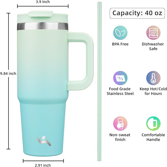 40 oz Tumbler with Handle and 2 Straws,2 in 1 Lid Insulated Water Bottle Stainless Steel Travel Coffee Mug,Mint - Bloomnest
