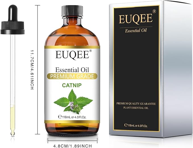 EUQEE 118ML Catnip Essential Oil, Pure & Fresh Herbal Aroma Catnip Essential Oil with Glass Dropper Great for Air Refresher, Massage, Diffuser, DIY Soap, Candle Making, Aromatherapy, Sleep EUQEE