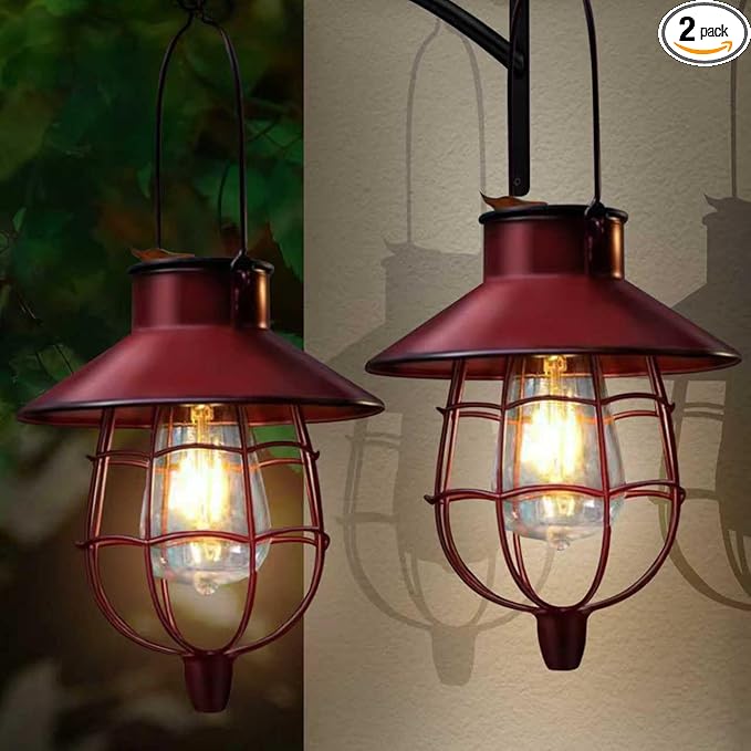 2 Pack Solar Lanterns Outdoor Waterproof Hanging Solar Lights with Vintage Metal Warm White Light Edison Bulb Design, Decorate for Garden Yard Porch and Christmas (Red) - Bloomnest