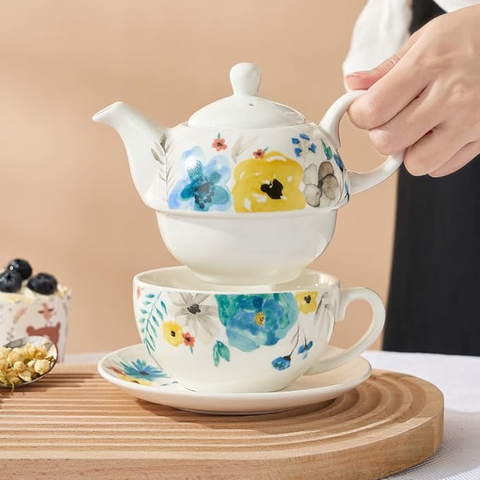 Porcelain Tea Set for One - Hand Painted Watercolor Floral Teapot and Cup, Gift for Women, Blooming Flowers - Bloomnest