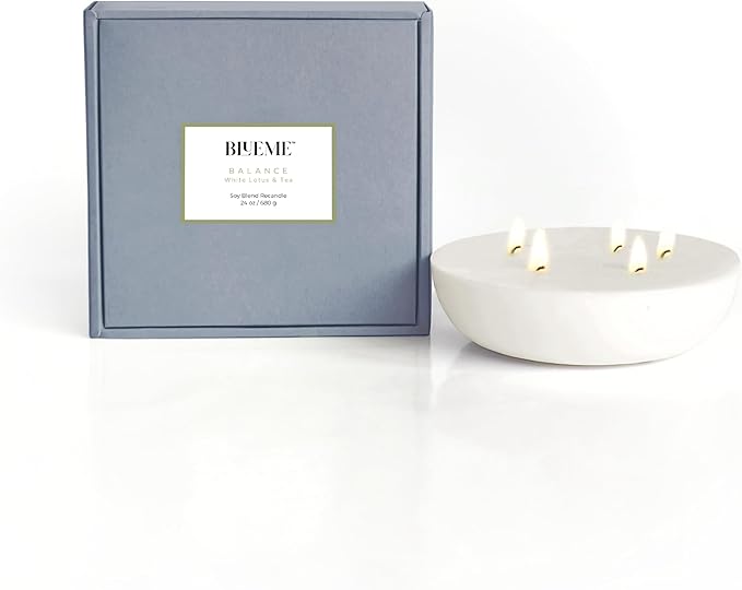New BLUEME Wellness Candle Wax Refill, Contains Essential Oil, Sustainable, Hand Finished, Hand Poured, Premium, Luxury Ceramic, Natural Cotton Wick (24oz, White Lotus & Tea) - Bloomnest