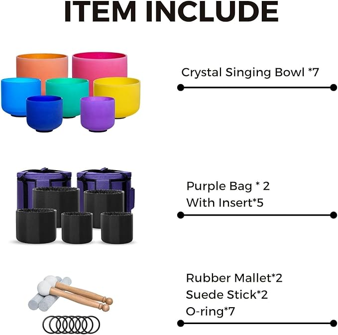 432hz Crystal Singing Bowl Healing 6-12inch Set of 7 Colored for Meditation Yoga Heart Chakra Singing Bowls Heavy Duty Carrying Case Rubber Mallet Suede Striker O ring - Bloomnest