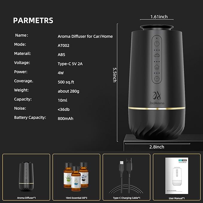 Waterless Oil Diffuser, Portable Car Diffusers for Essential Oils, Wireless Diffusers with 3 Mist Levels & Timer, ABS Material, Starry Night Light for Car Home Office, Includes 3 Scent Oils - Bloomnest