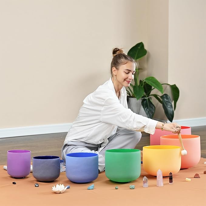 CVNC Set Of 7 PCS 440HZ 6-12 Inch Colored Frosted Chakra Quartz Crystal Singing Bowls Sound Healing Instrument with 2 PCS Travel Carry Case Bag for Meditation - Bloomnest