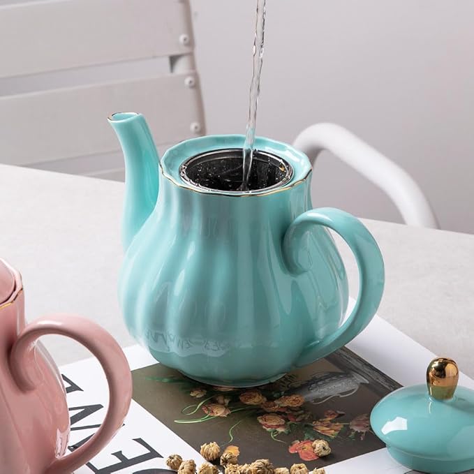 Sweejar Royal Teapot, Ceramic Tea Pot with Removable Stainless Steel Infuser, Blooming & Loose Leaf Teapot - 40 Ounce (Turquoise) - Bloomnest