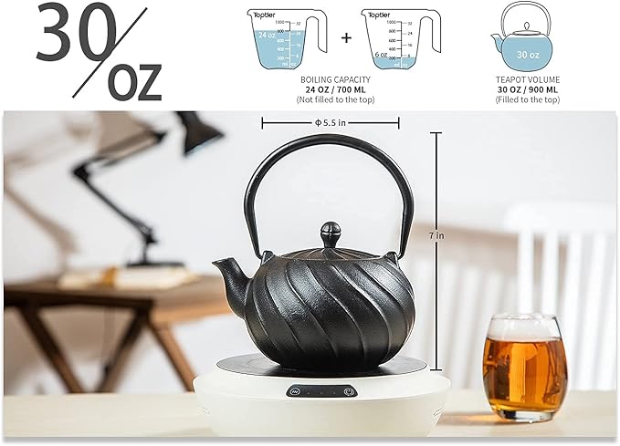 Tea Kettle, TOPTIER Japanese Cast Iron Teapot with Infuser, Cast Iron Tea Kettle Stovetop Safe, Wave Design Teapot Coated with Enameled Interior for 30 Ounce (900 ml), Midnight Black - Bloomnest