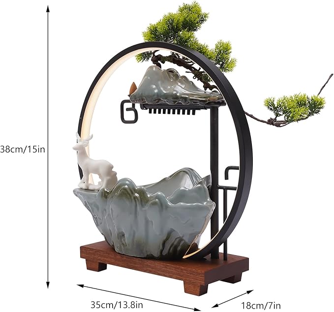 Tabletop Water Fountain, Indoor Waterfall with Round LED Light & Ceramic Elks, Mist Maker and Incense Holder for Home Office Decor - Bloomnest