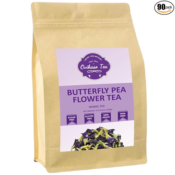 Ovikaso Tea, Butterfly Pea Flower Tea, 3.53 oz (300+ Cups), 100% Natural, Non-GMO, No Caffeine, Brew Hot or Iced tea, Baking, Cocktail, Herbal Tea - Bloomnest