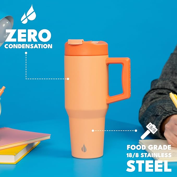 Elemental 32 oz 100% Leak Proof Tumbler with Handle & Straw - Stainless Steel Double Wall Insulated Tumbler for Hot and Cold Beverages - Travel Coffee Mug with Sip & Straw Lid - Peach Sunrise - Bloomnest
