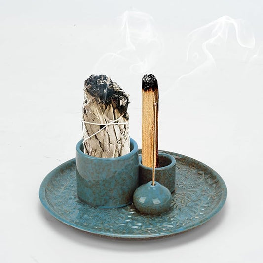 Ceramic Incense Holder Set with Decorative Tray, White, Intricate Pattern Design, 5.9x5.9x2 Inch, for Sticks, Cones, Palo Santo, Sage (Blue) - Bloomnest