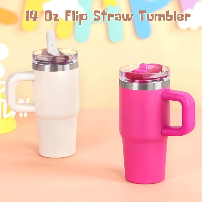 Cosictic 14 Oz Flip Straw Tumbler with Handle for Kids, Stainless Steel Double Wall Insulated Cup for Children with Flip Top Lid, 14 Oz Leak-proof Cups for Kids, Hot Pink and Rose Quartz - Bloomnest