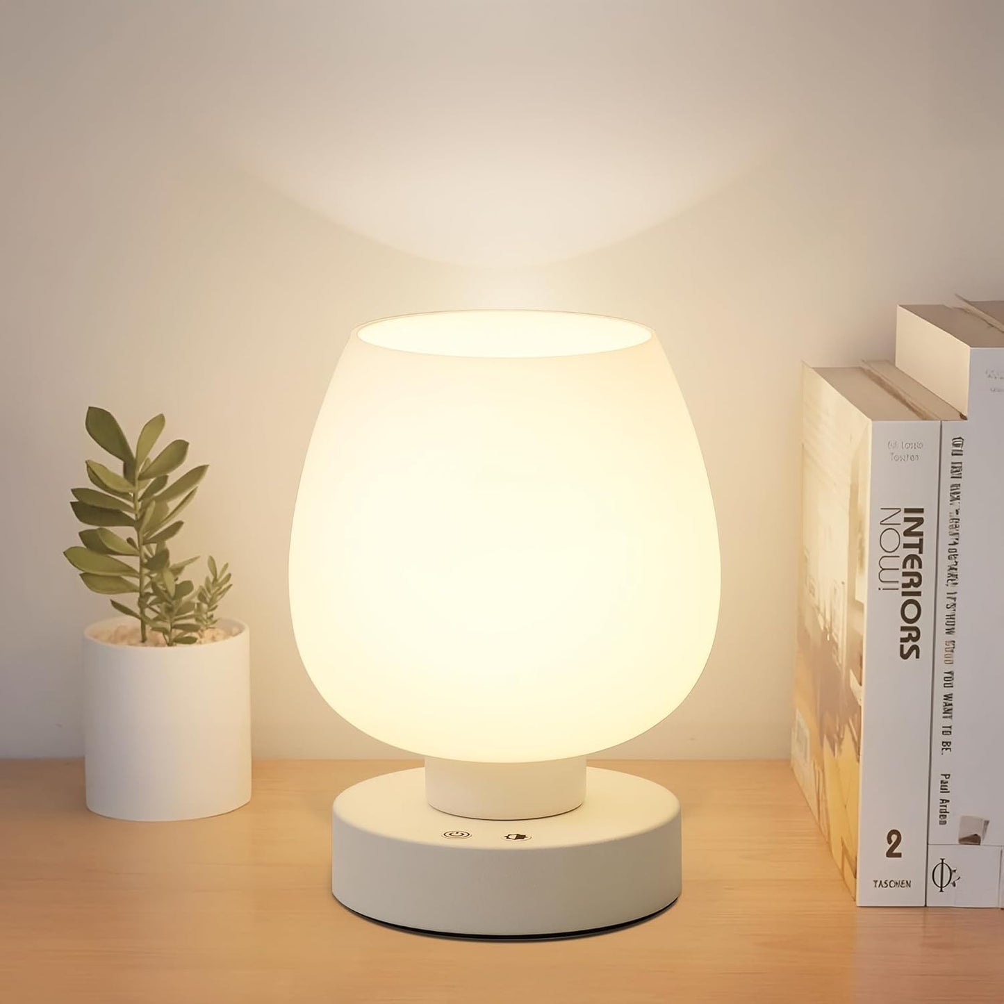 Cordless Portable Touch Bedside Table Lamp - Rechargeable Modern Small Table Lamp with White Glass Shade, Stepless Dimmable & 8 RGB Colors & Memory, Desk Lamp for Nursery Bedroom Nightstand, Gifts