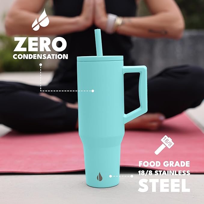 Elemental 40oz Tumbler with Handle and Straw - Spill Proof Insulated Stainless Steel Commuter for Hot & Cold Beverages - Travel Coffee Mug with 2 Straws & Spill Proof Lid - 40 oz - Robin's Egg - Bloomnest