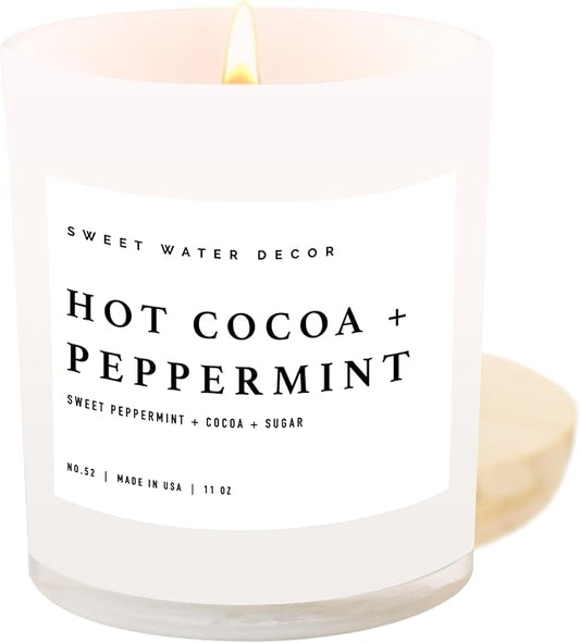 Sweet Water Decor Hot Cocoa + Peppermint Soy Candle | Chocolate, Peppermint, and Vanilla Holiday Scented Candles for Home | 11oz White Jar + Wood Lid, 50+ Hour Burn Time, Made in The USA - Bloomnest