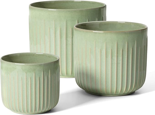 LE TAUCI Fluted Ceramic Planters Set of 3 – 8.3/7 / 5.7 in Sage Green Reactive Cylinder Indoor Plant Pots with Drainage Plug & Mesh, Glossy Stoneware Flower Pots for Succulents Herbs - Bloomnest