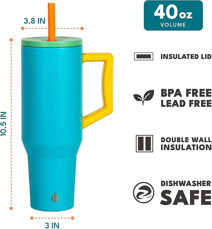 Elemental 40 oz Tumbler with Handle and Straw - Spill Proof Insulated Stainless Steel Commuter for Hot and Cold Beverages - Travel Coffee Mug with 2 Straws & Spill Proof Lid - 40oz - Blue Lagoon - Bloomnest