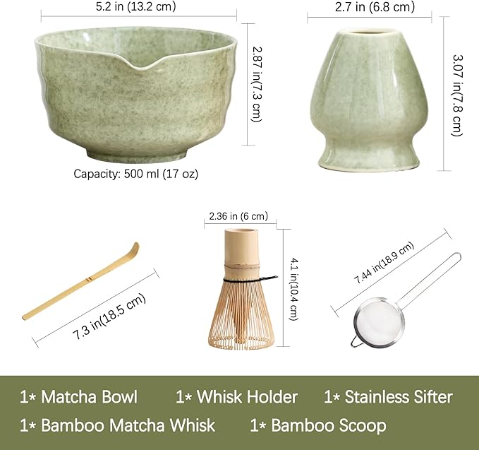 Matcha Set, Japanese Tea Set Includes Matcha Bowl with Spout, Matcha Whisk Holder, Bamboo Matcha Whisk and Bamboo Scoop, 17 oz Mottled Green Glaze Ceramic Matcha Kit for Tea Lovers - Bloomnest
