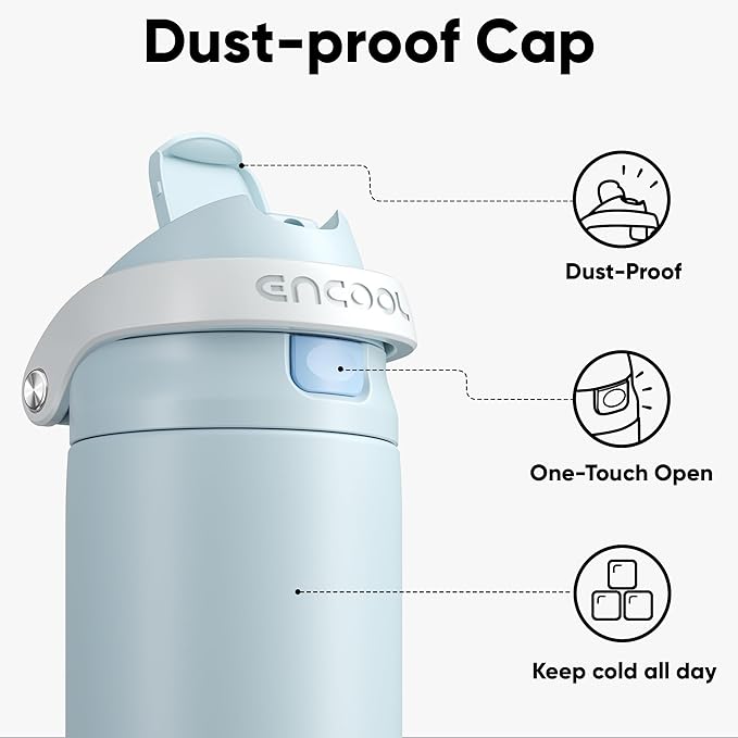 ENCOOL Leakproof Insulated Water Bottle with Straw Dual-Sip Water Bottle Bag-Safe Design for Work, Commute & Gym – Keeps Drinks Cold All Day, 18 oz, Frost Blue ENCOOL