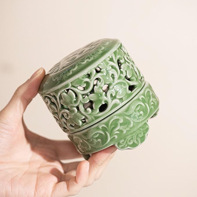 Mini Ceramic Incense Burner - Chinese Classic Plum Green Celadon Glaze, Fragrance Cone & Stick Holder Palo Santo/Sage/Herb Burner for Meditation, Yoga, Desk Decor, Zen Relaxation Gift (Cloud-A) - Bloomnest