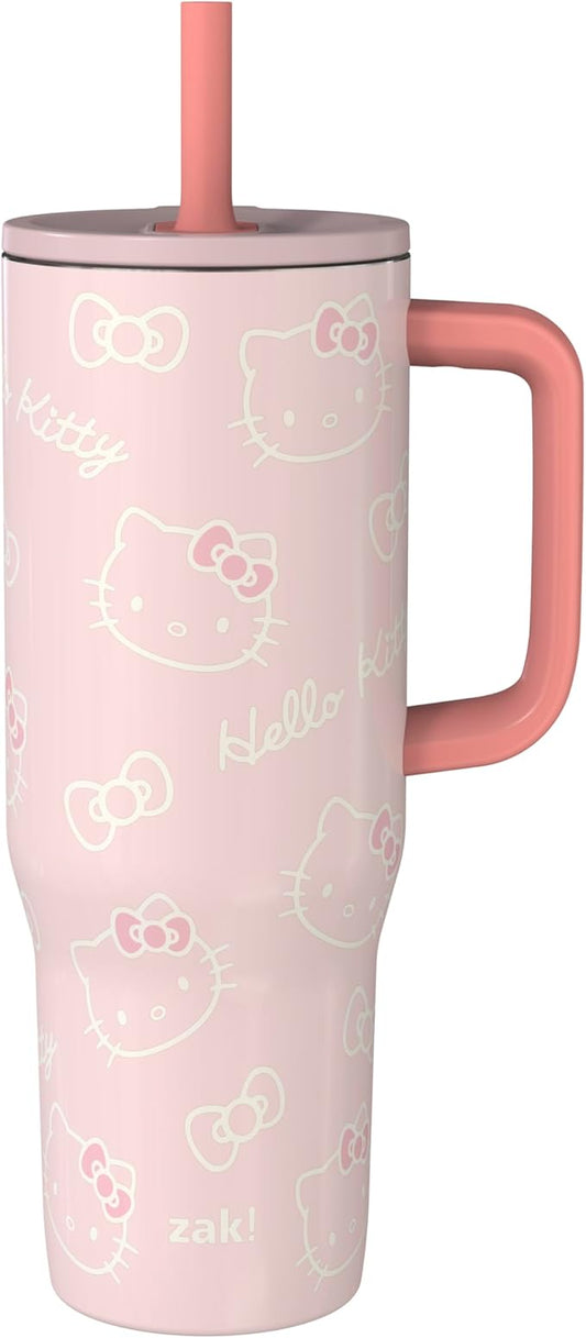 Zak Designs Sanrio Sutton Travel Tumbler for On the Go, 30oz Stainless Steel with Vacuum Insulation, Silicone Straw, and Carry Handle for Cold Drinks (Hello Kitty) - Bloomnest