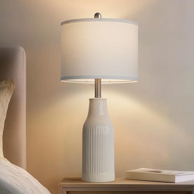24.5" Modern Ceramic Table Lamp for Nightstand, Farmhouse Bedside Lamp for Bedroom, Small Table Lamps for Living Room End Table, Beige (1 Pack) - Bloomnest