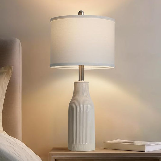 24.5" Modern Ceramic Table Lamp for Nightstand, Farmhouse Bedside Lamp for Bedroom, Small Table Lamps for Living Room End Table, Beige (1 Pack) - Bloomnest