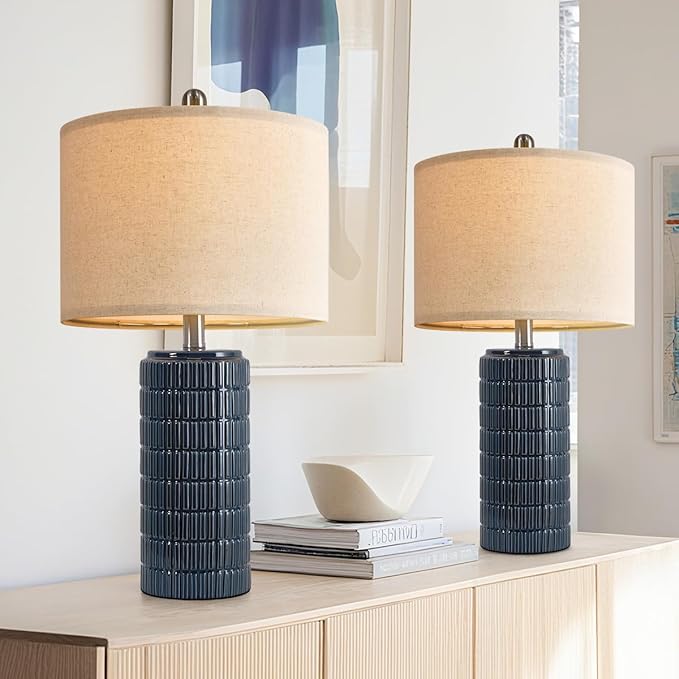 PoKat 24" Modern Ceramic Table Lamps Set of 2 for Bedroom, Blue Bedside Lamps for Night Stands, Farmhouse Desk Decor Nightstand Table Lamps for Living Room End Table Dark Blue - Bloomnest