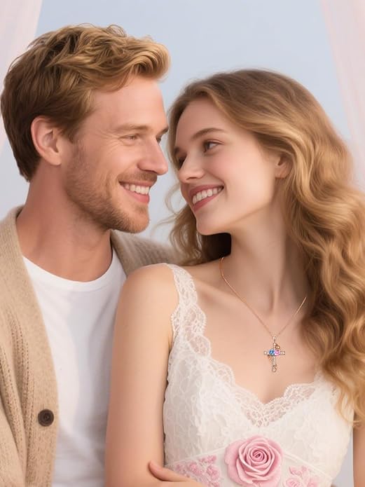 Rose Gold Dual Birthstones Cross Necklace for Women Rose Flower Jewelry Anniversary Christmas Mother's Valentine's Day Birthday Gift for Wife Girlfriend Mom - Bloomnest