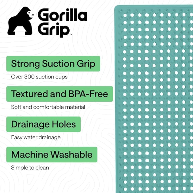 GORILLA GRIP Patented Bath Tub Shower Mat, Machine Washable Bathtub Floor Liner Mats, Suction Cups and Drain Holes to Keep Tubs Clean, Soft on Feet, Bathroom Essentials, 35x16 Inch, Turquoise Opaque - Bloomnest