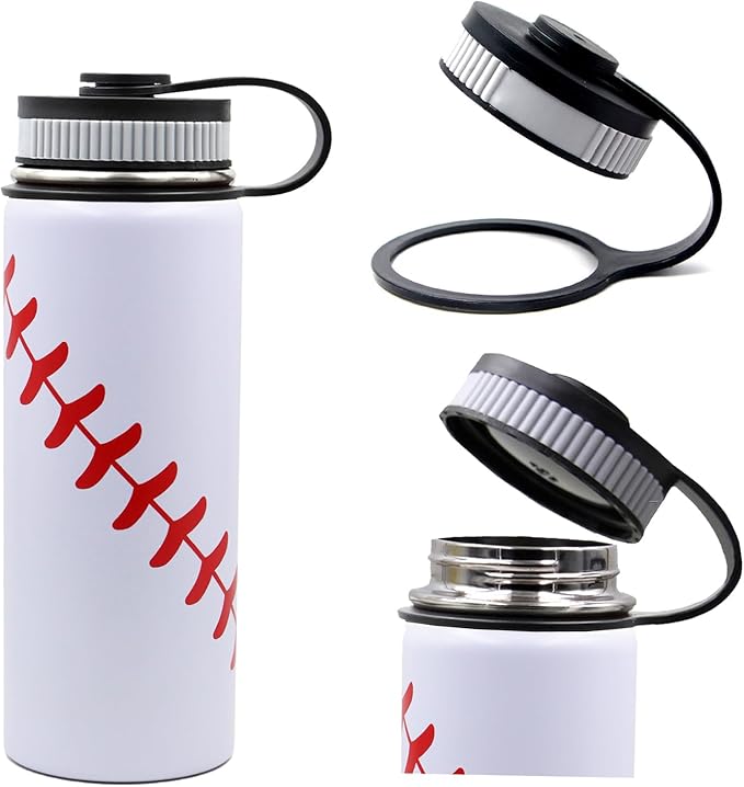 18 oz Baseball Water Bottle, Sports Flask Metal Travel Tumbler with 2 Lids, Stainless Steel Double Wall Vacuum Insulated Leak Proof Thermo Water Bottles, Baseball Accessories Gifts for Mom Boys Girls - Bloomnest