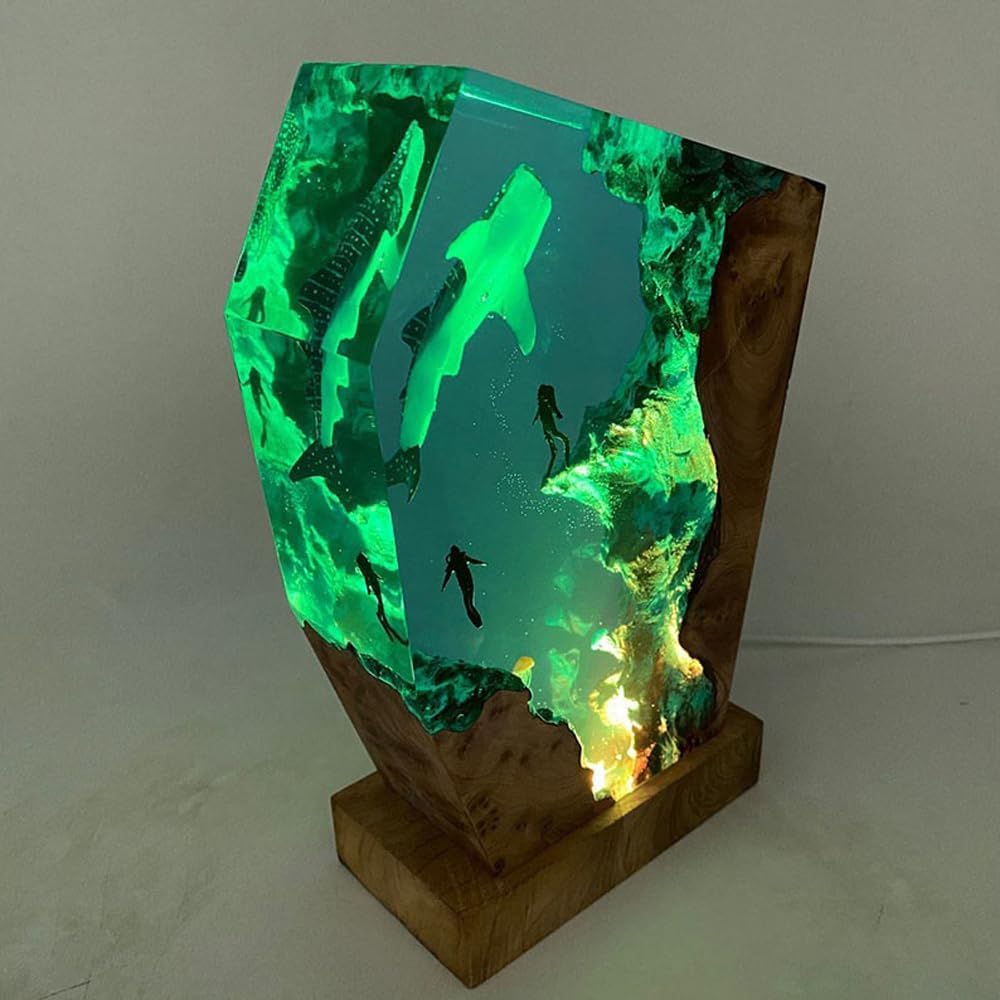 Whale Shark Ocean Resin Lamp, Handmade Wooden Table Resin Night Light, USB Port Art Ornaments for Home Office Decor, Scuba Diver Gifts for Birthday Holiday, Valentine's Day Gifts for Husband