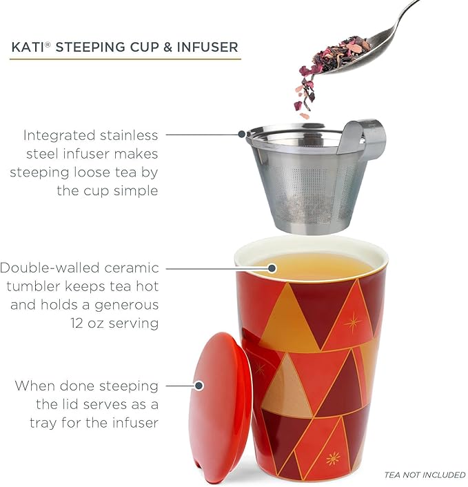 Tea Forte Double-Walled Ceramic Kati Cup, Removable Stainless Steel Infuser Basket and Lid, Steeps 12 oz Loose Leaf Tea, Dishwasher & Microwave Safe, Warming Joy - Bloomnest