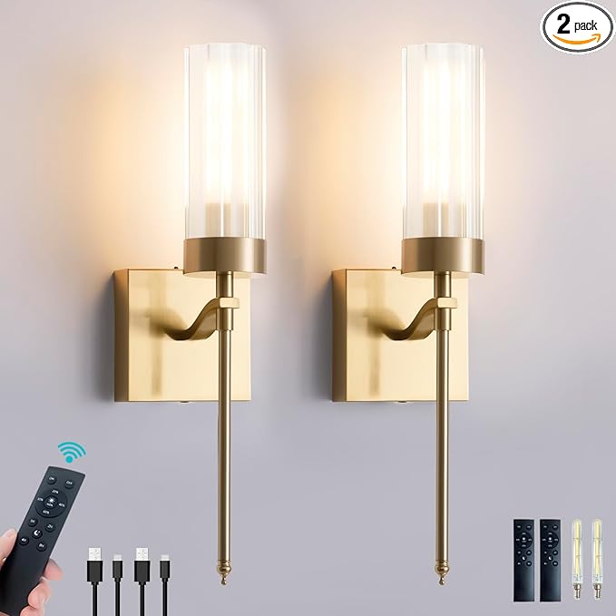 Battery Operated Wall Sconces Set of Two with Remote, Gold Rechargeable Wireless Wall Lights, Sconces Wall Decor Set of 2 Dimmable 2700K Battery Powered Sconce for Bathroom Living Room Hallway - Bloomnest
