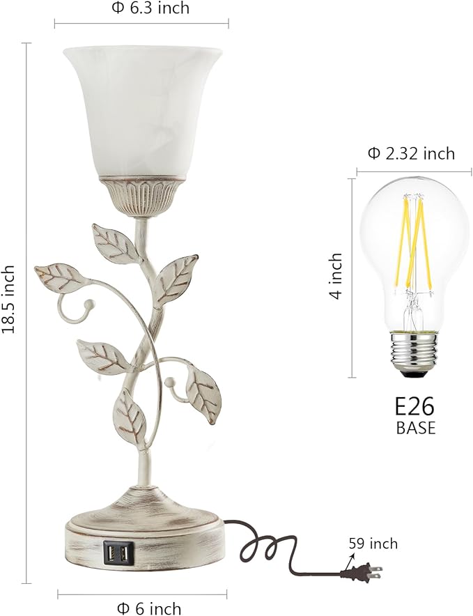 RORIANO Set of 2 Rustic Touch Table Lamps for Bedroom, 3-Way Dimmable Nightstand Flower Lamp with 2 USB Ports, Retro White Glass Shade Leaf Lamp for Living Room Entryway, 2 LED Bulb Included - Bloomnest