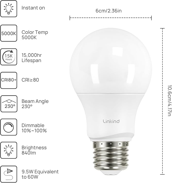 Linkind A19 LED Light Bulbs Dimmable, 60W Equivalent Light Bulbs, 9W, 5000K Daylight, 840 Lumens LED Bulbs, E26 Standard Base, 120V, Lighting for Bedroom Living Room Home Office, 6 Packs - Bloomnest