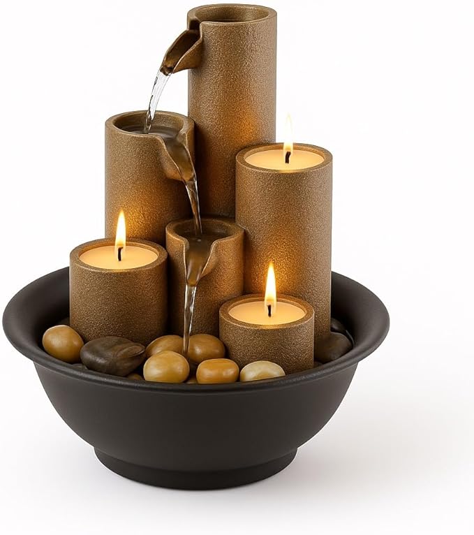 Alpine Corporation WCT202 Indoor Tabletop Tiered Water Fountain Featuring 3 Candles for Desktop and Table, 11", Brown - Bloomnest
