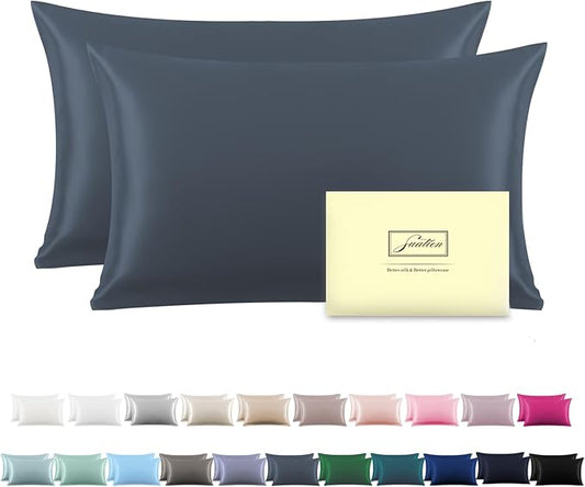 Silk Pillow Cases 2 Pack,Soft Breathable and Sliky Standard Size Pillow Cases Set of 2,Natural Mulberry Silk Pillowcase Set of 2 for Hair and Skin with Hidden Zipper (Space Grey,20"X 26",2pcs) - Bloomnest