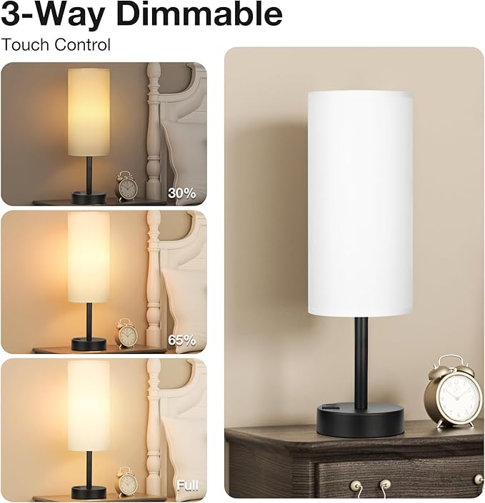 Bedside Touch Table Lamps for Bedroom Nightstand with USB-C USB-A Charging Ports White, 3 Way Dimmable Small Lamp Fabric Shade Black Base for Office, Living Room, Dorm Room Reading - Bloomnest